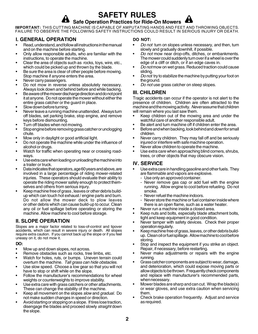 Weed Eater 178704 manual Safe Operation Practices for Ride-On Mowers, General Operation, II. Slope Operation, III. Children 