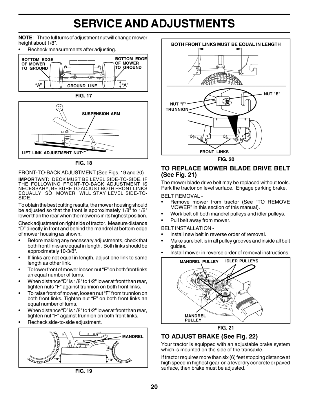 Weed Eater 178704 To Replace Mower Blade Drive Belt See Fig, To Adjust Brake See Fig, Belt Removal, Belt Installation 