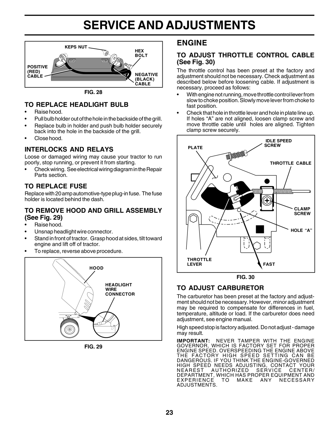 Weed Eater 178704 manual To Replace Headlight Bulb, Interlocks and Relays, To Replace Fuse, To Adjust Carburetor 