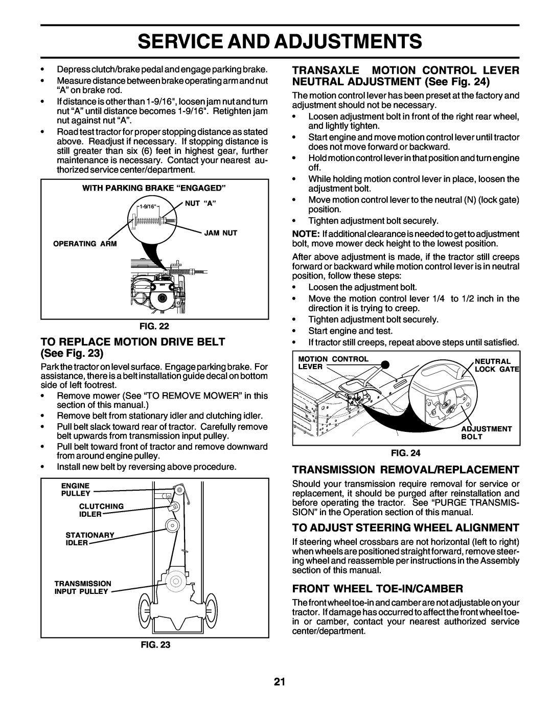 Weed Eater 178704 manual Service And Adjustments, TO REPLACE MOTION DRIVE BELT See Fig, Transmission Removal/Replacement 