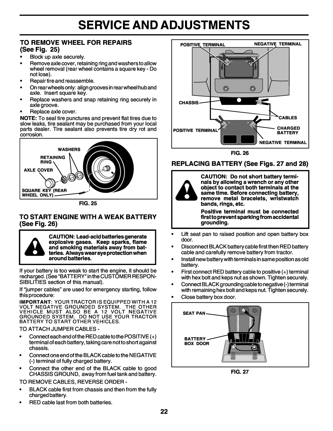 Weed Eater 178704 manual Service And Adjustments, TO REMOVE WHEEL FOR REPAIRS See Fig, REPLACING BATTERY See Figs. 27 and 
