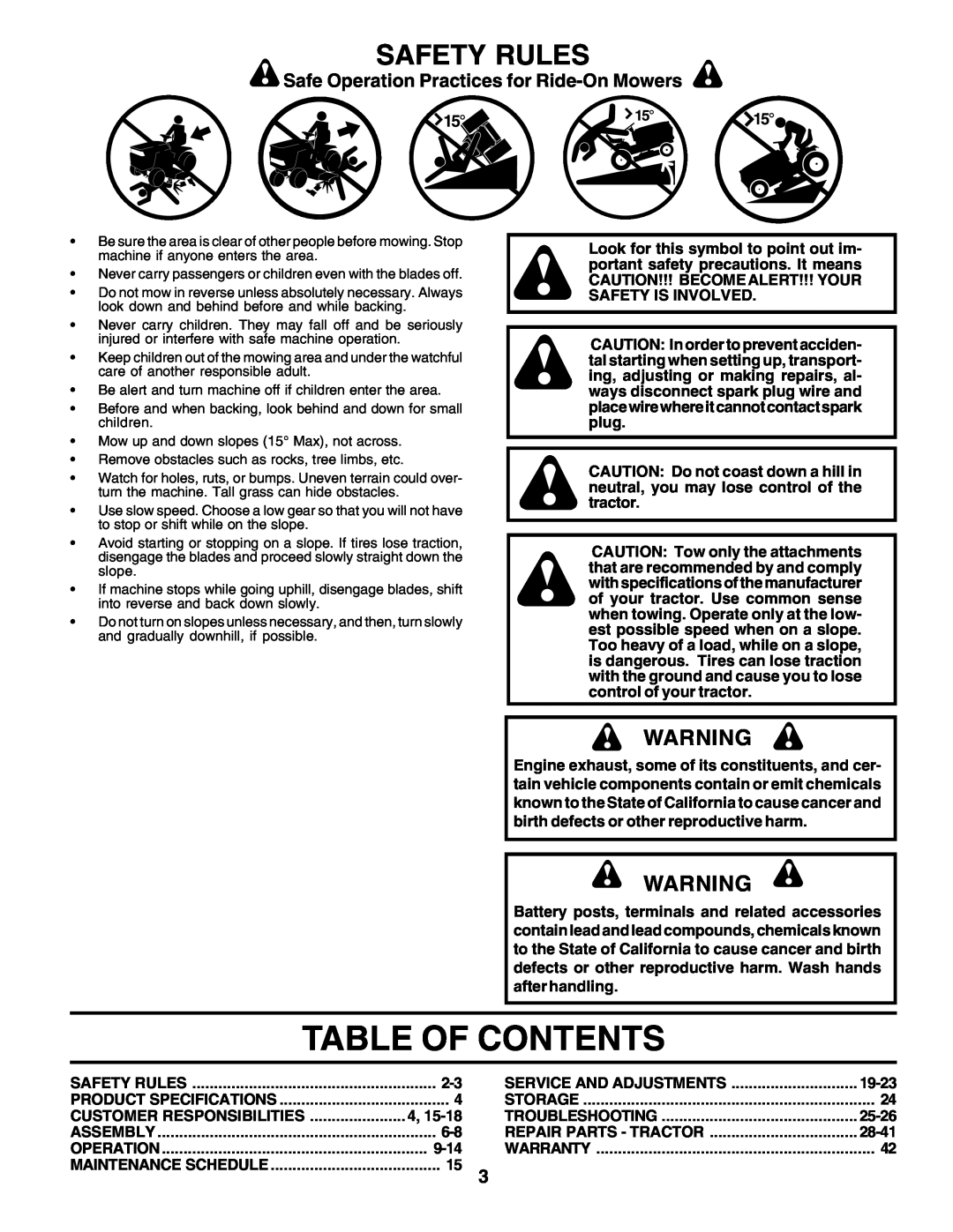 Weed Eater 178704 Table Of Contents, Safety Rules, Safe Operation Practices for Ride-On Mowers, Product Specifications 