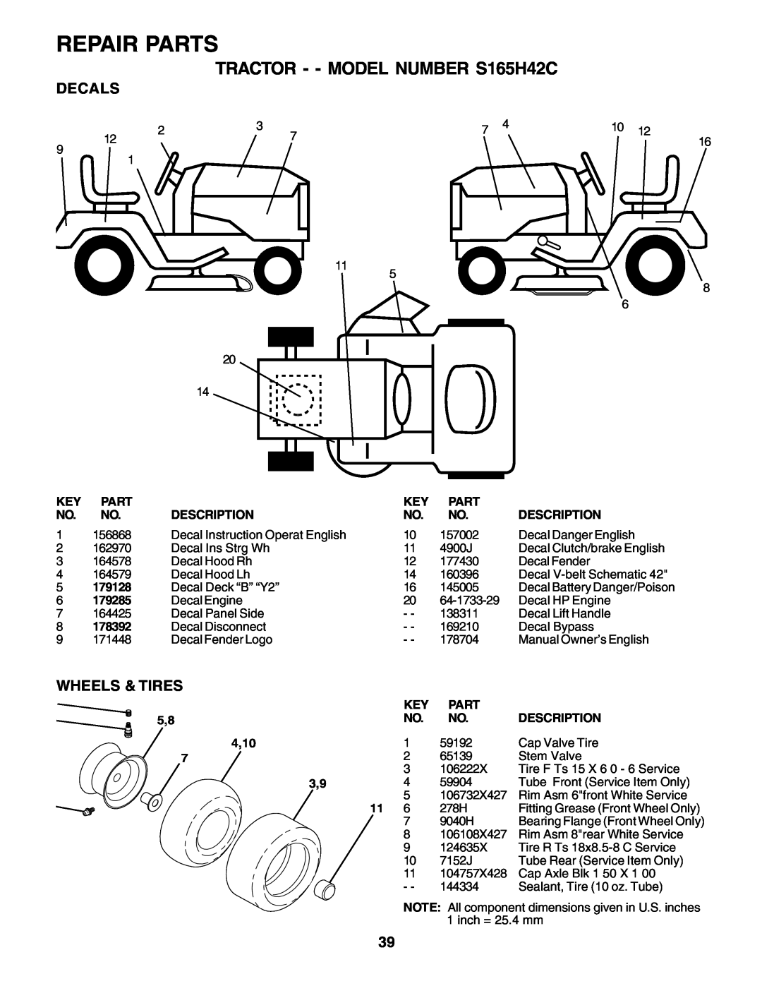 Weed Eater 178704 manual Repair Parts, TRACTOR - - MODEL NUMBER S165H42C, Decals, Wheels & Tires 