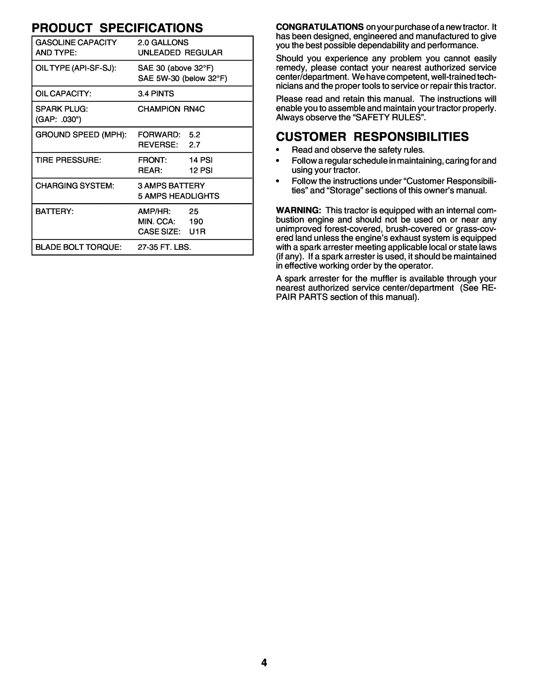 Weed Eater 178704 manual Product Specifications, Customer Responsibilities 