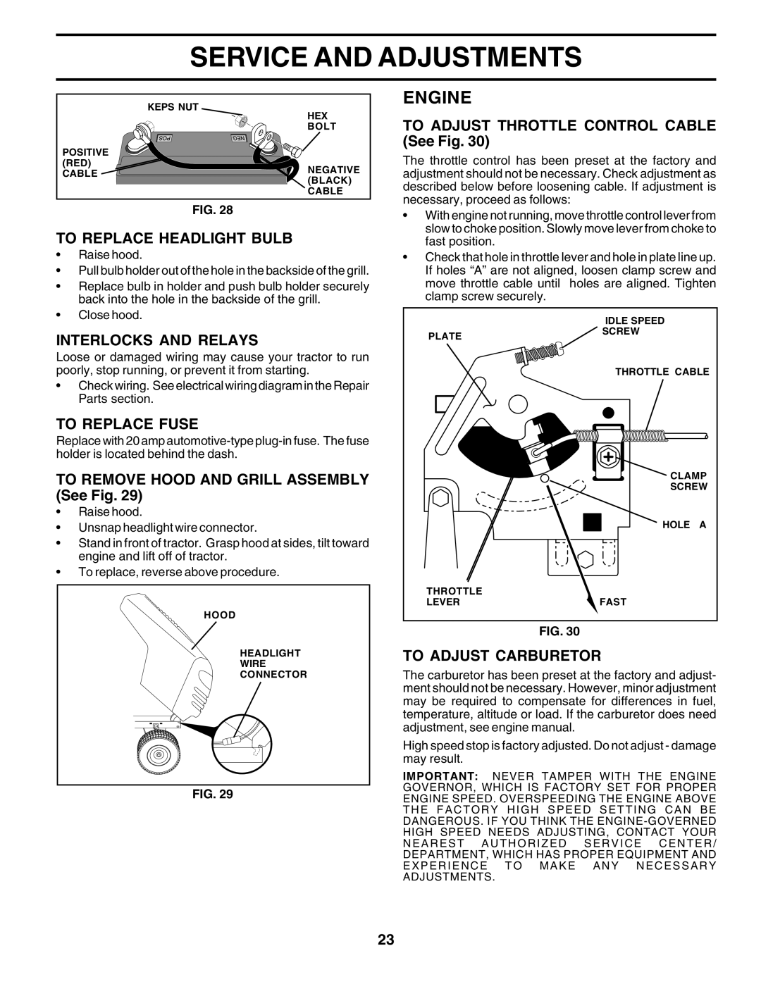 Weed Eater 179347 owner manual To Replace Headlight Bulb, Interlocks and Relays, To Replace Fuse, To Adjust Carburetor 