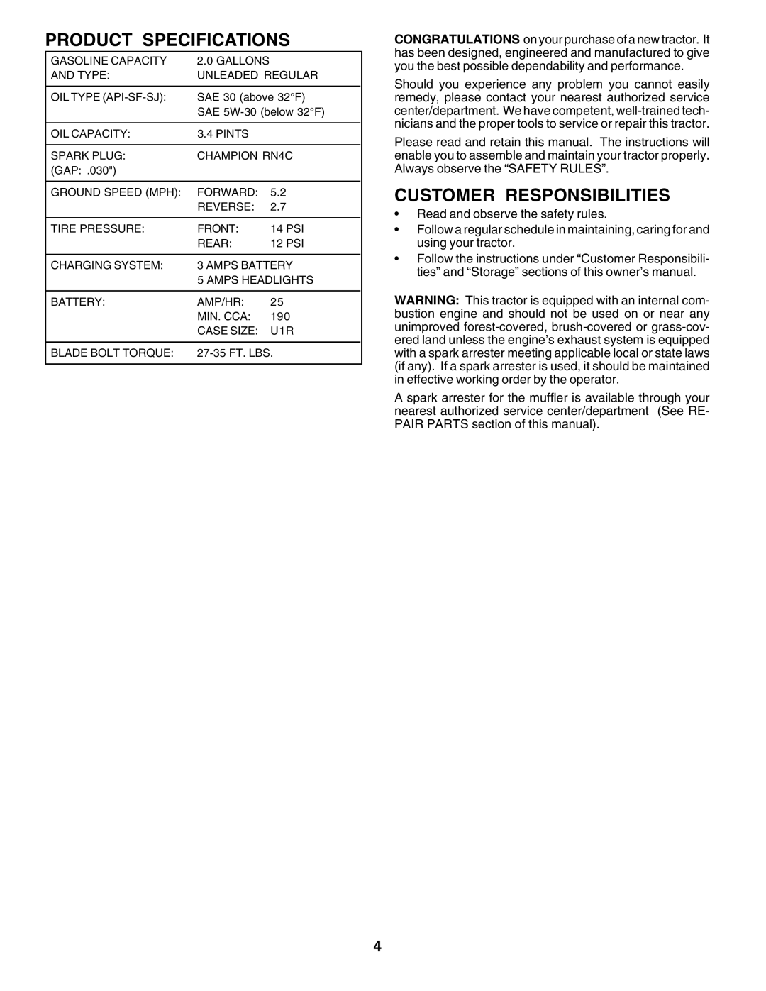 Weed Eater 179347 owner manual Product Specifications, Customer Responsibilities 