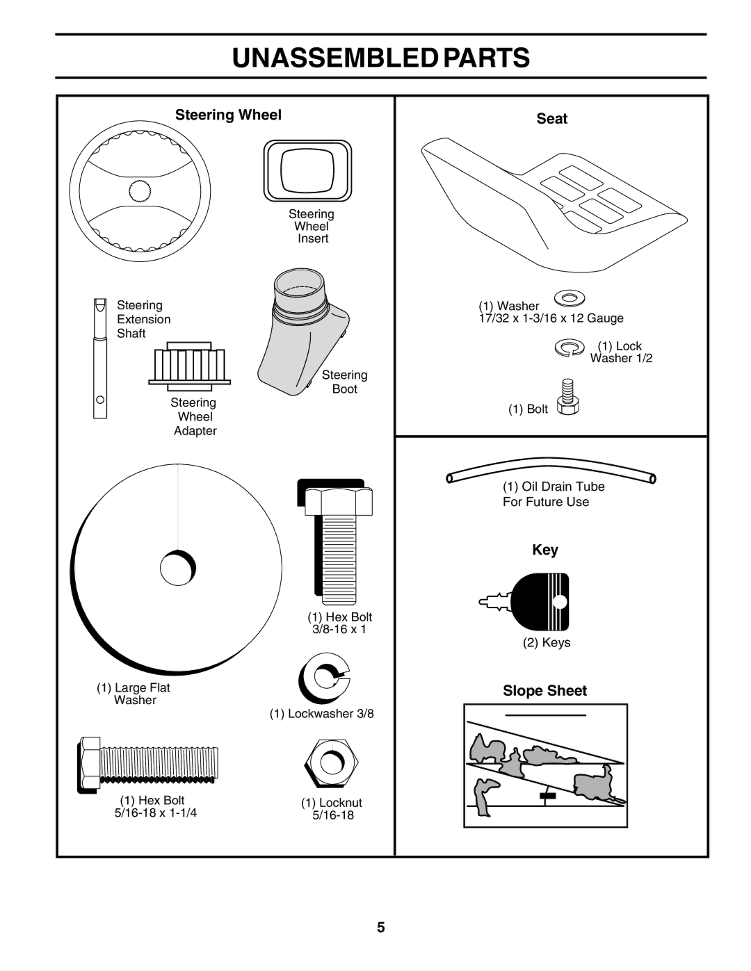 Weed Eater 179347 owner manual Unassembled Parts, Steering Wheel Seat, Slope Sheet 