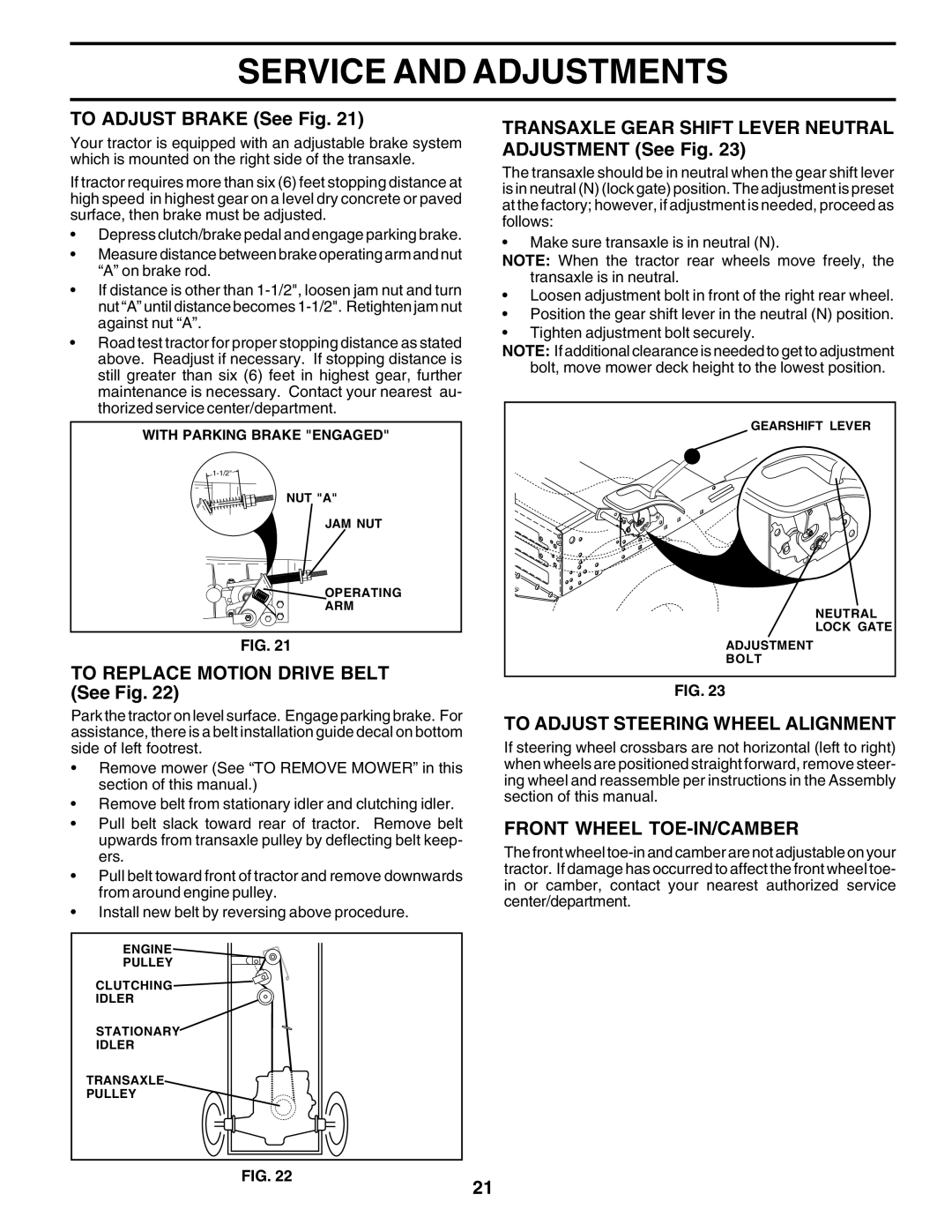 Weed Eater 180530 manual To Adjust Brake See Fig, To Replace Motion Drive Belt See Fig, To Adjust Steering Wheel Alignment 