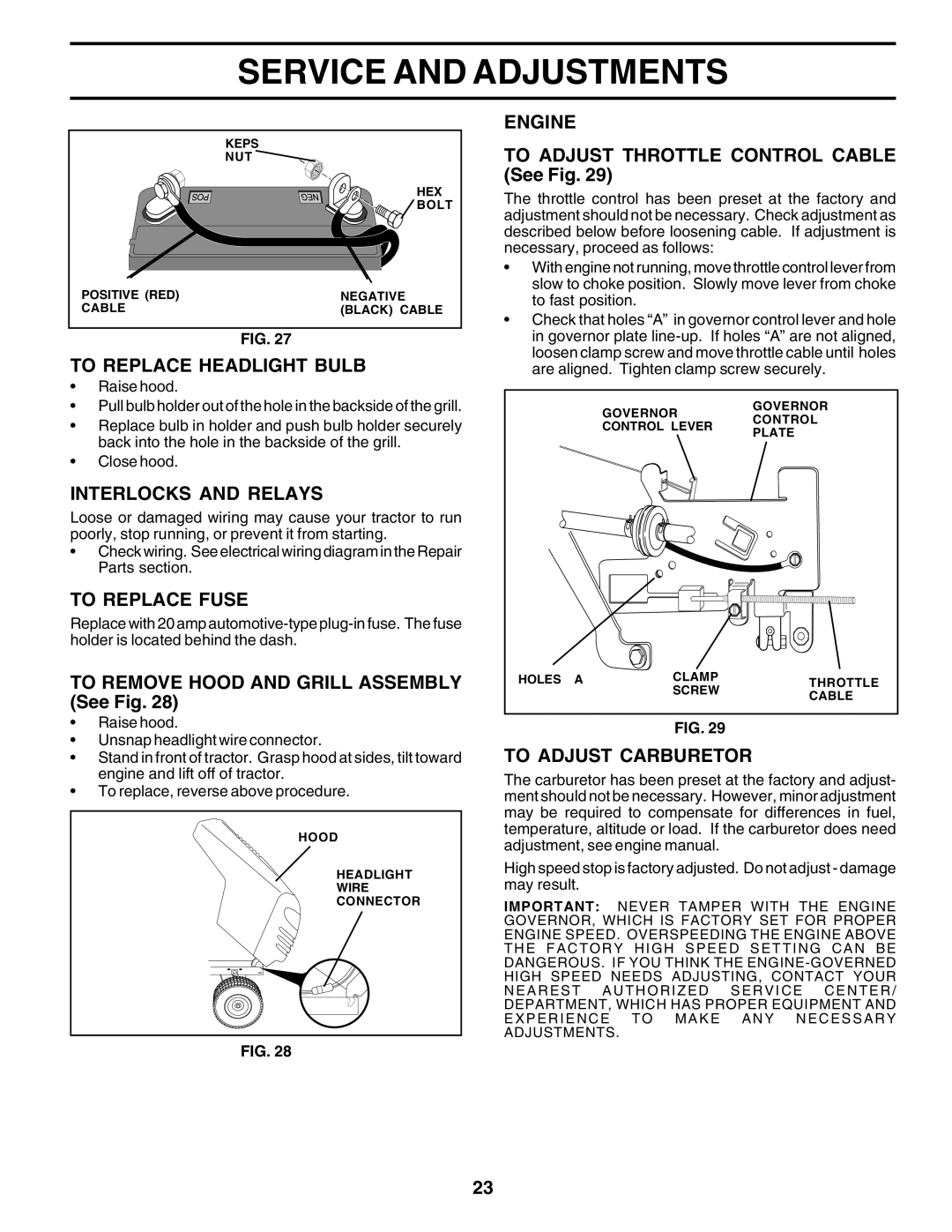 Weed Eater 180530 manual To Replace Headlight Bulb, Interlocks and Relays, To Replace Fuse, Engine, To Adjust Carburetor 