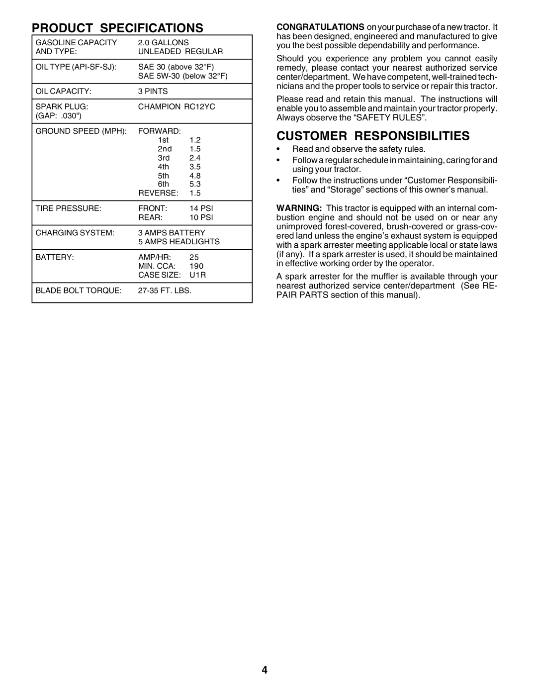 Weed Eater 180530 manual Product Specifications, Customer Responsibilities 