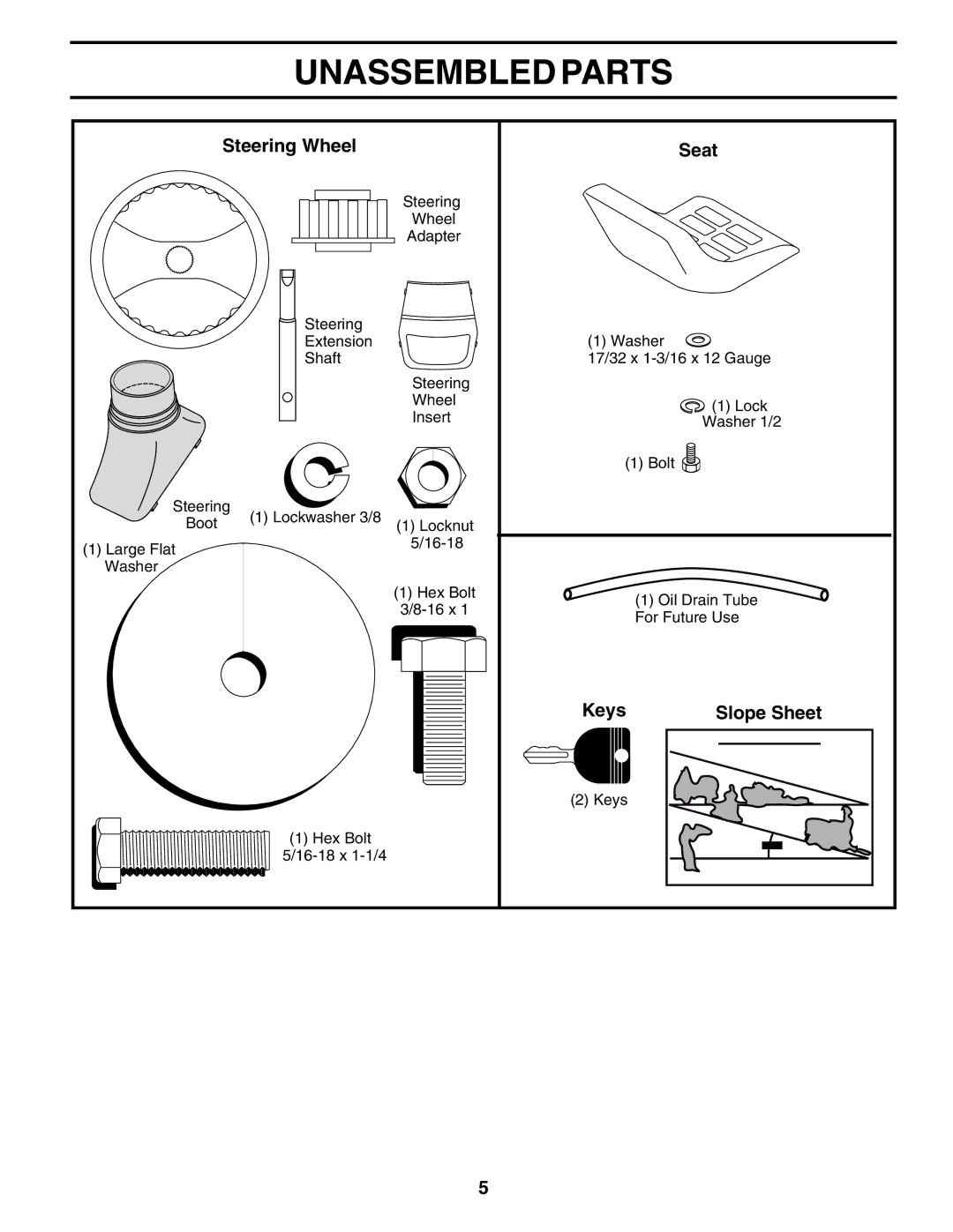 Weed Eater 180530 manual Unassembled Parts, Steering Wheel Seat, Keys 