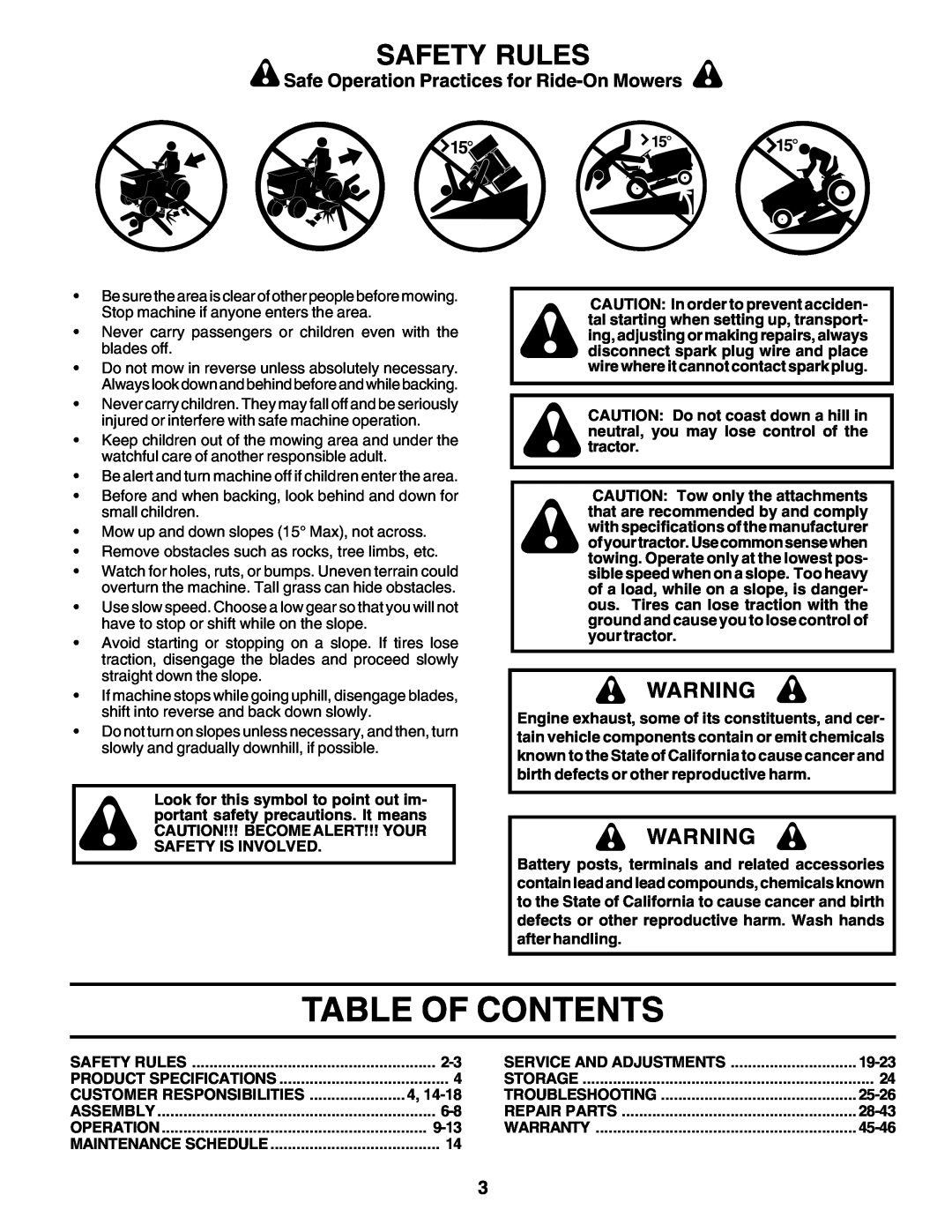 Weed Eater 180530 manual Table Of Contents, Safety Rules, Safe Operation Practices for Ride-On Mowers 