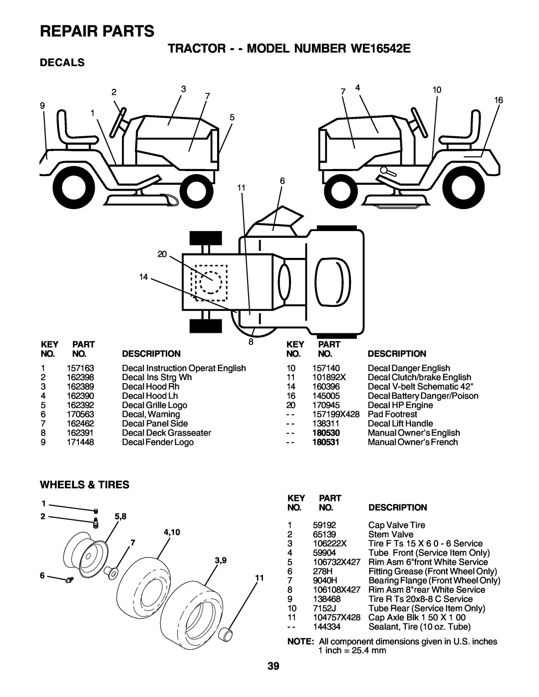 Weed Eater 180530 manual Repair Parts, TRACTOR - - MODEL NUMBER WE16542E, Decals, Wheels & Tires 