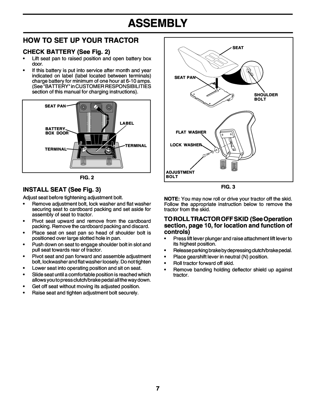 Weed Eater 180530 manual How To Set Up Your Tractor, Assembly, CHECK BATTERY See Fig, INSTALL SEAT See Fig 