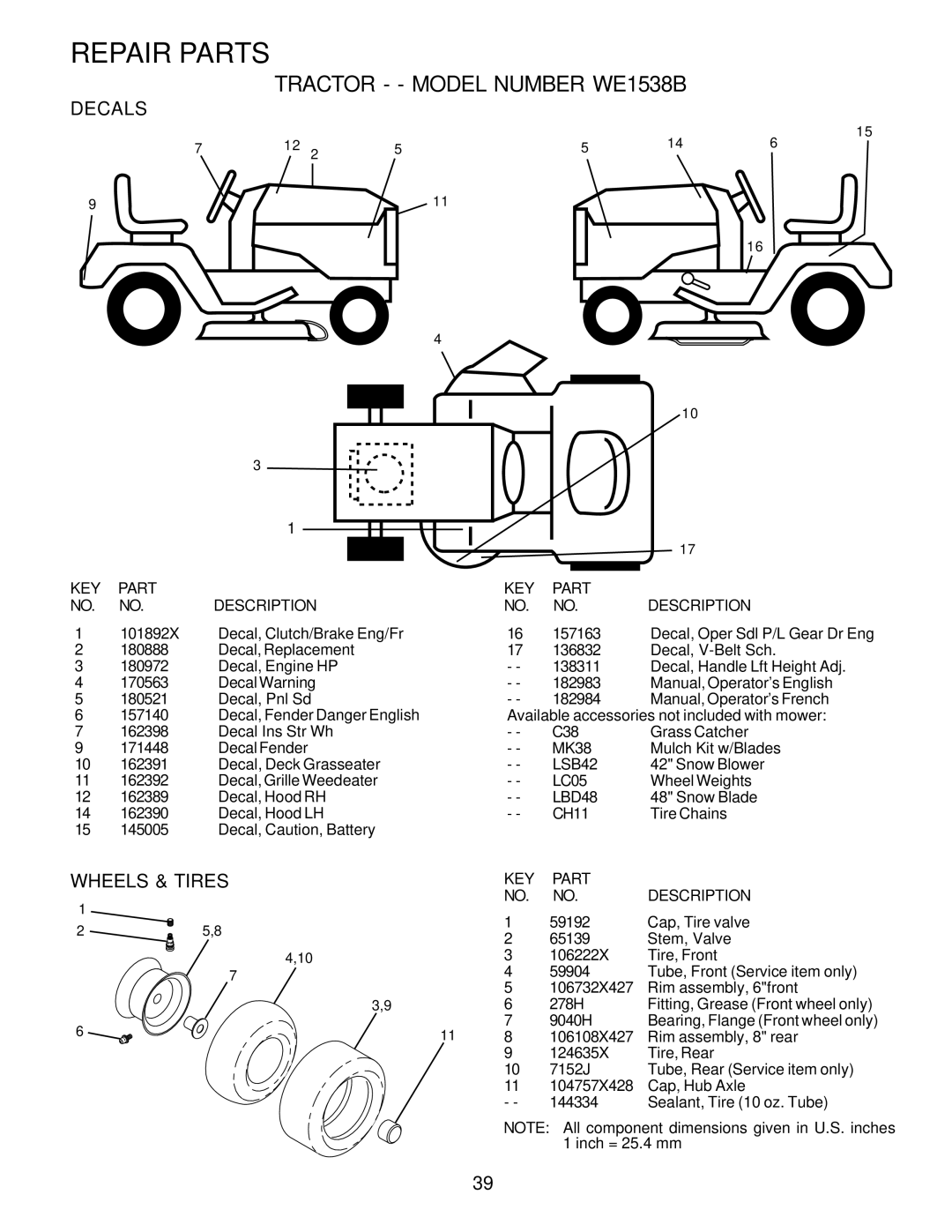 Weed Eater 182983 manual Decals, Wheels & Tires, LSB42, LBD48 