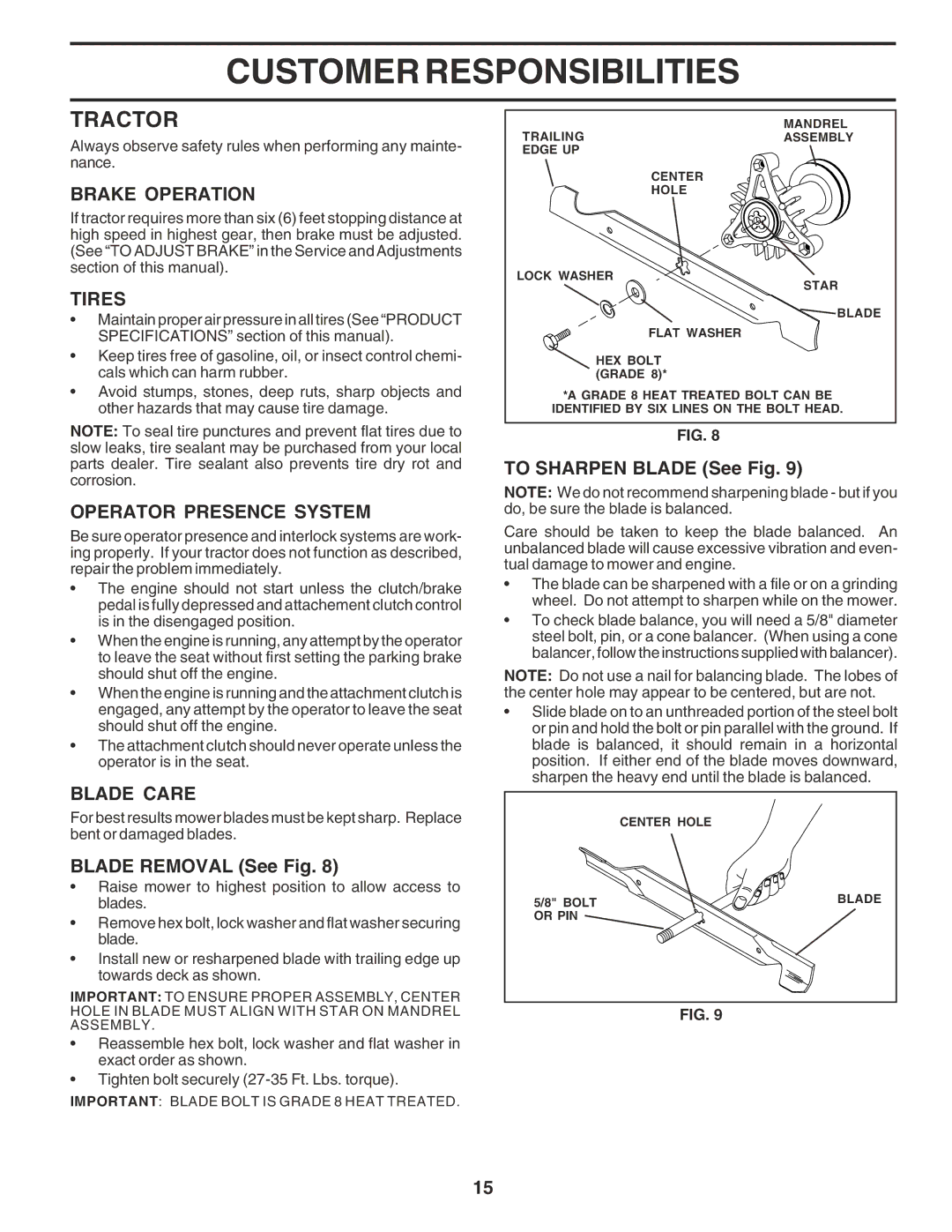 Weed Eater 183670 manual Tractor, Brake Operation, Tires, Operator Presence System, Blade Care 