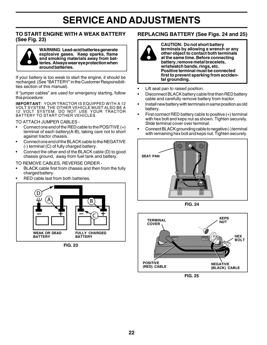 Weed Eater 183670 manual To Start Engine with a Weak Battery See Fig, Replacing Battery See Figs, To Attach Jumper Cables 