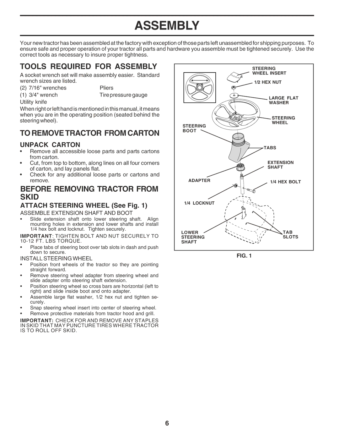 Weed Eater 183670 manual Tools Required for Assembly, To Remove Tractor from Carton, Before Removing Tractor from Skid 