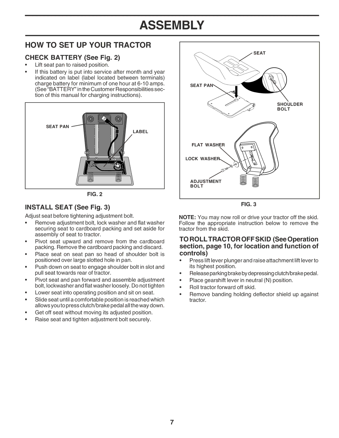 Weed Eater 183670 manual HOW to SET UP Your Tractor, Check Battery See Fig, Install Seat See Fig 