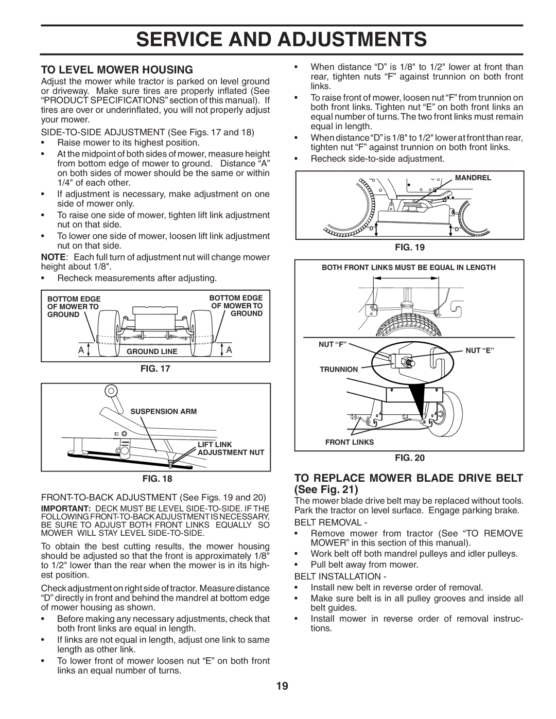 Weed Eater 186073 manual To Level Mower Housing, To Replace Mower Blade Drive Belt See Fig, Belt Removal, Belt Installation 