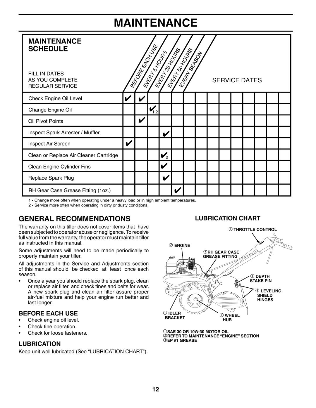 Weed Eater 186100 owner manual Maintenance Schedule, General Recommendations 