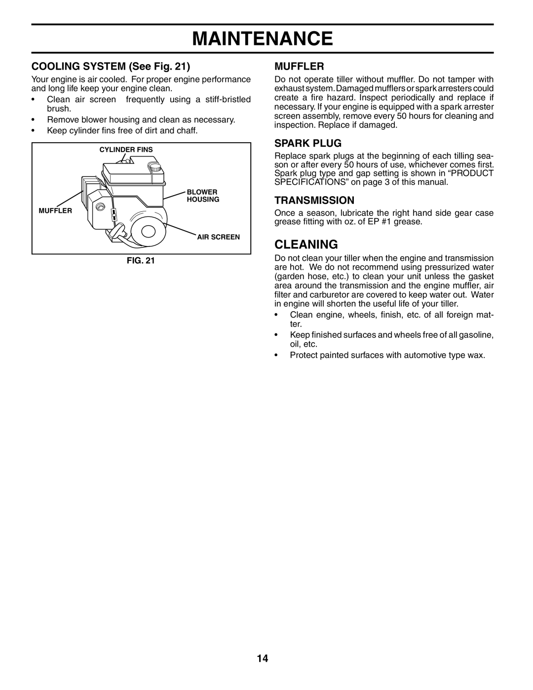 Weed Eater 186100 owner manual Cleaning, Cooling System See Fig, Muffler, Spark Plug, Transmission 