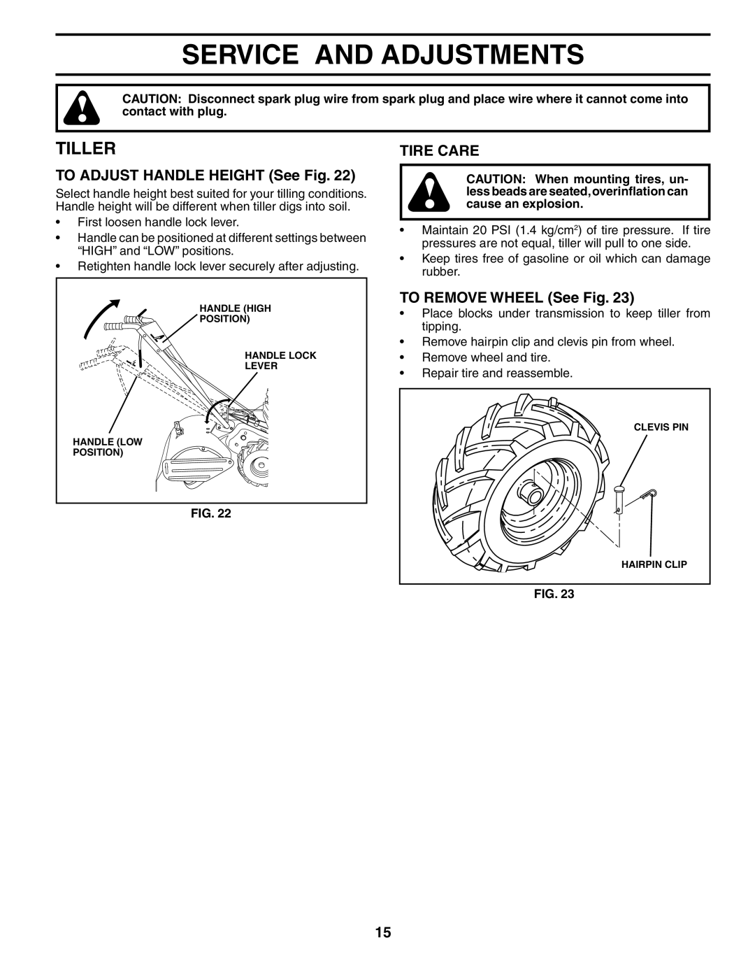 Weed Eater 186100 Service and Adjustments, Tiller, To Adjust Handle Height See Fig, Tire Care, To Remove Wheel See Fig 