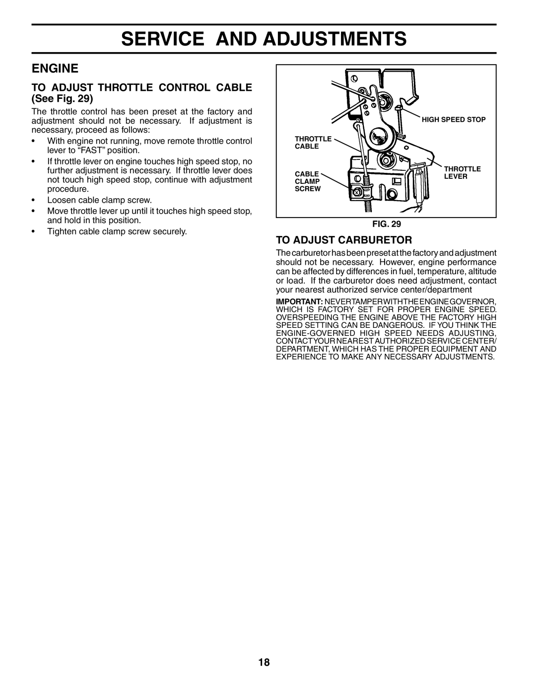 Weed Eater 186100 owner manual To Adjust Throttle Control Cable See Fig, To Adjust Carburetor 