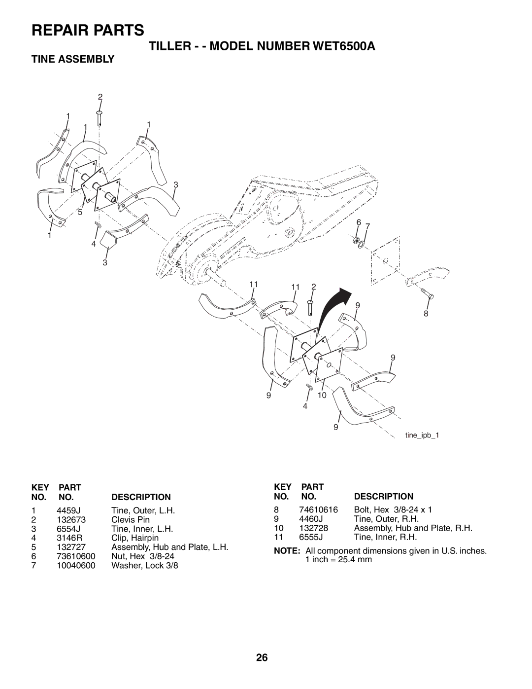 Weed Eater 186100 owner manual Tine Assembly 