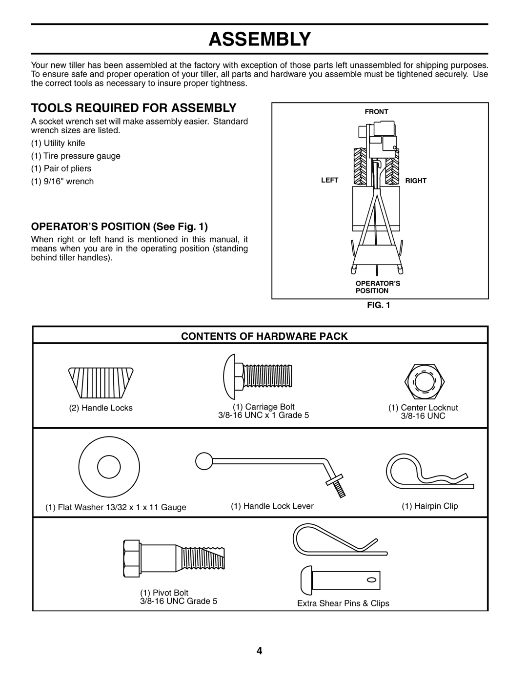 Weed Eater 186100 owner manual Tools Required for Assembly, OPERATOR’S Position See Fig 