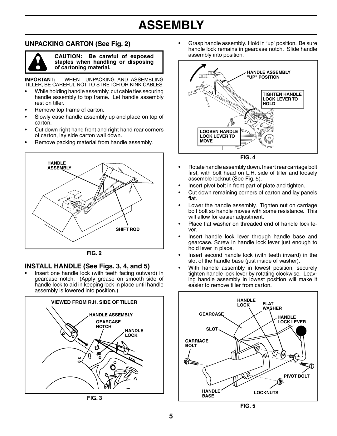 Weed Eater 186100 owner manual Unpacking Carton See Fig, Install Handle See Figs , 4 