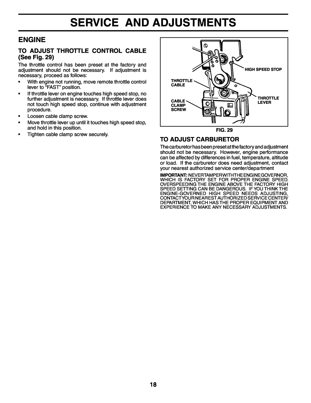 Weed Eater 186100 TO ADJUST THROTTLE CONTROL CABLE See Fig, To Adjust Carburetor, Service And Adjustments, Engine 