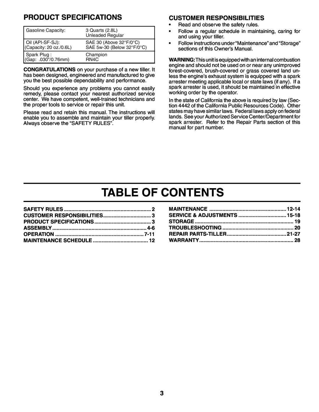 Weed Eater 186100 owner manual Table Of Contents, Product Specifications, Customer Responsibilities 