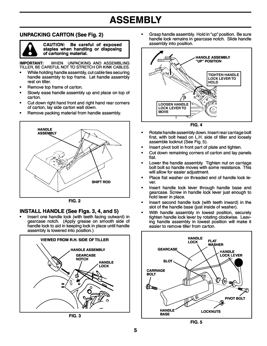 Weed Eater 186100 owner manual UNPACKING CARTON See Fig, INSTALL HANDLE See Figs. 3, 4, and, Assembly 