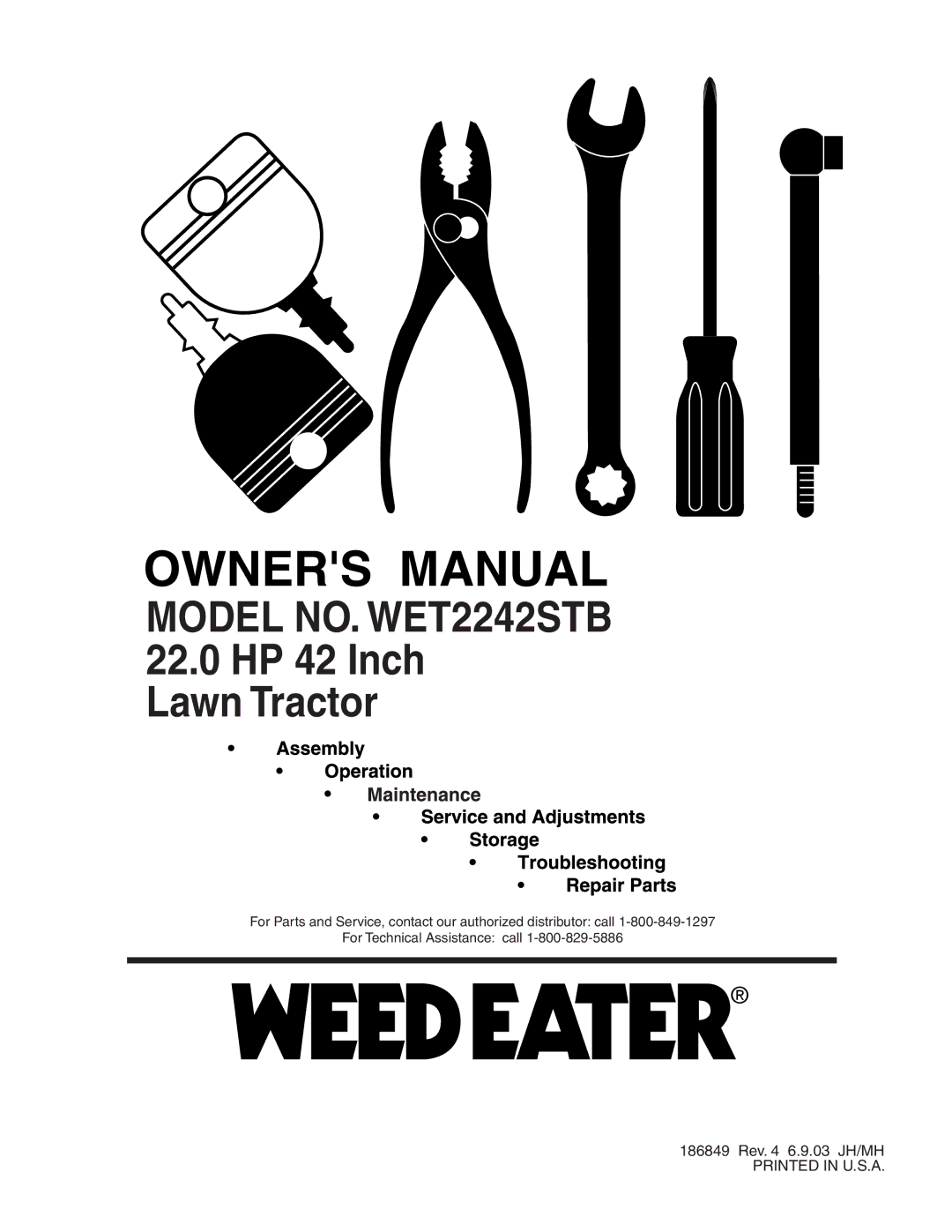 Weed Eater 186849 manual Model NO. WET2242STB 