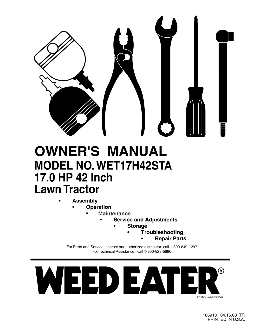 Weed Eater 186913 manual Model NO. WET17H42STA 