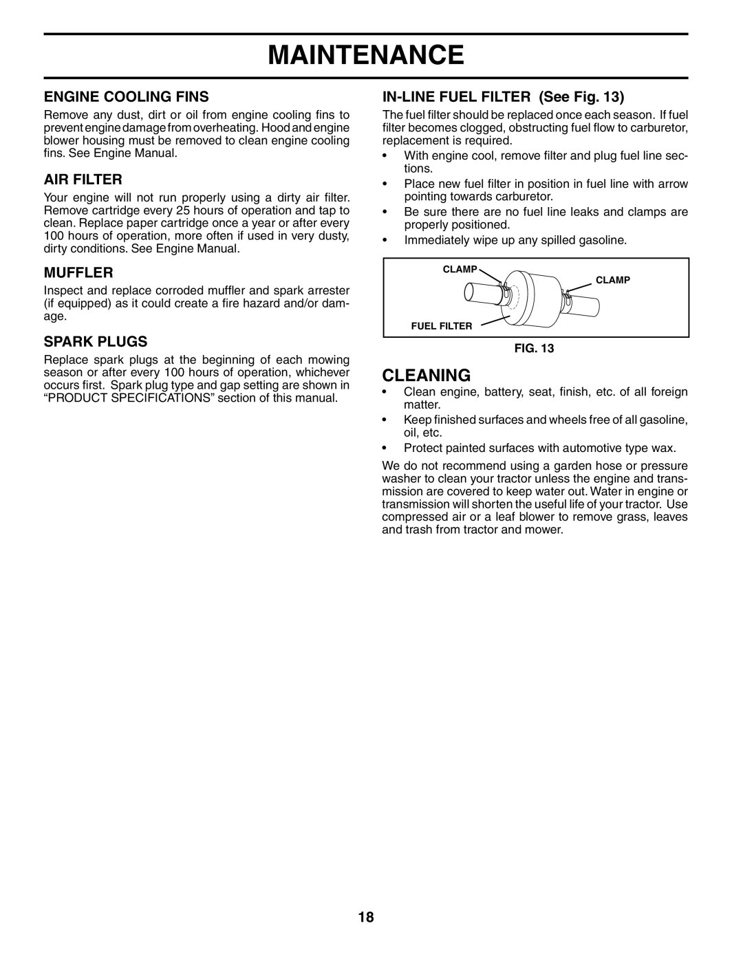 Weed Eater 186913 manual Cleaning, Engine Cooling Fins, AIR Filter, Muffler, Spark Plugs 