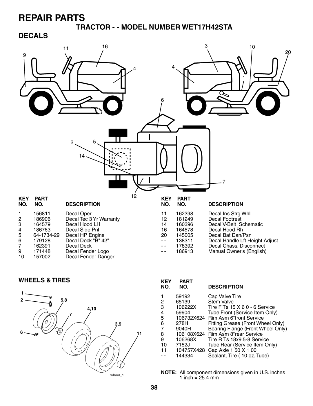 Weed Eater 186913 manual Tractor - Model Number WET17H42STA Decals, Wheels & Tires 