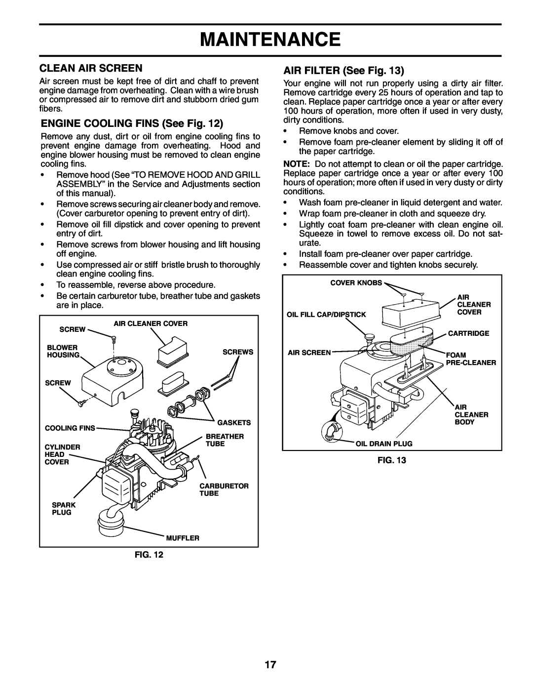 Weed Eater 187637 manual Clean Air Screen, ENGINE COOLING FINS See Fig, AIR FILTER See Fig, Maintenance 