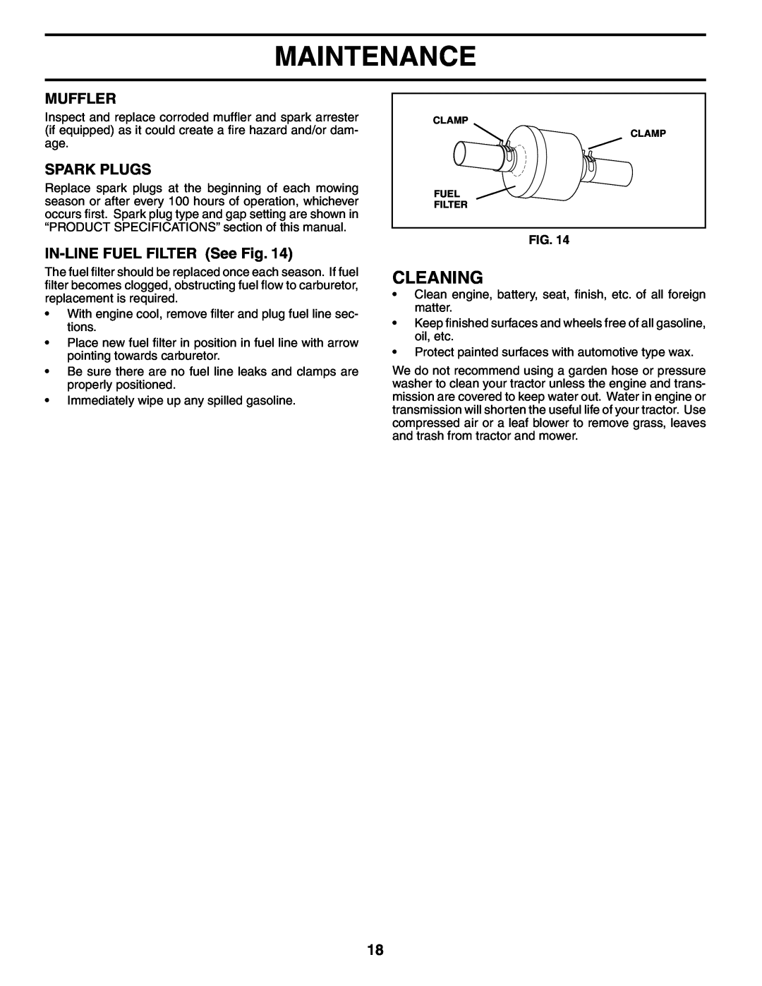 Weed Eater 187637 manual Cleaning, Muffler, Spark Plugs, IN-LINE FUEL FILTER See Fig, Maintenance 