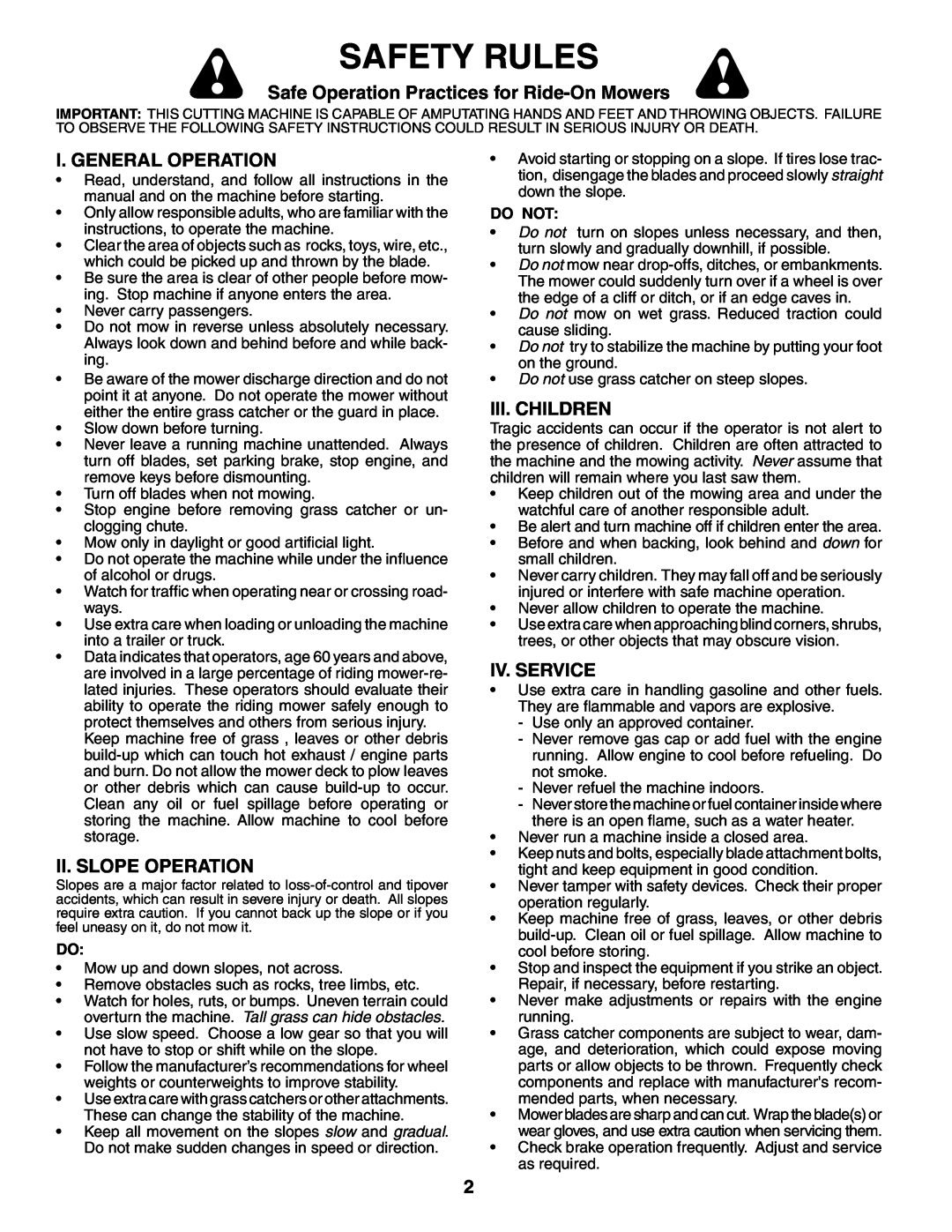 Weed Eater 187637 Safety Rules, Safe Operation Practices for Ride-On Mowers, I. General Operation, Ii. Slope Operation 