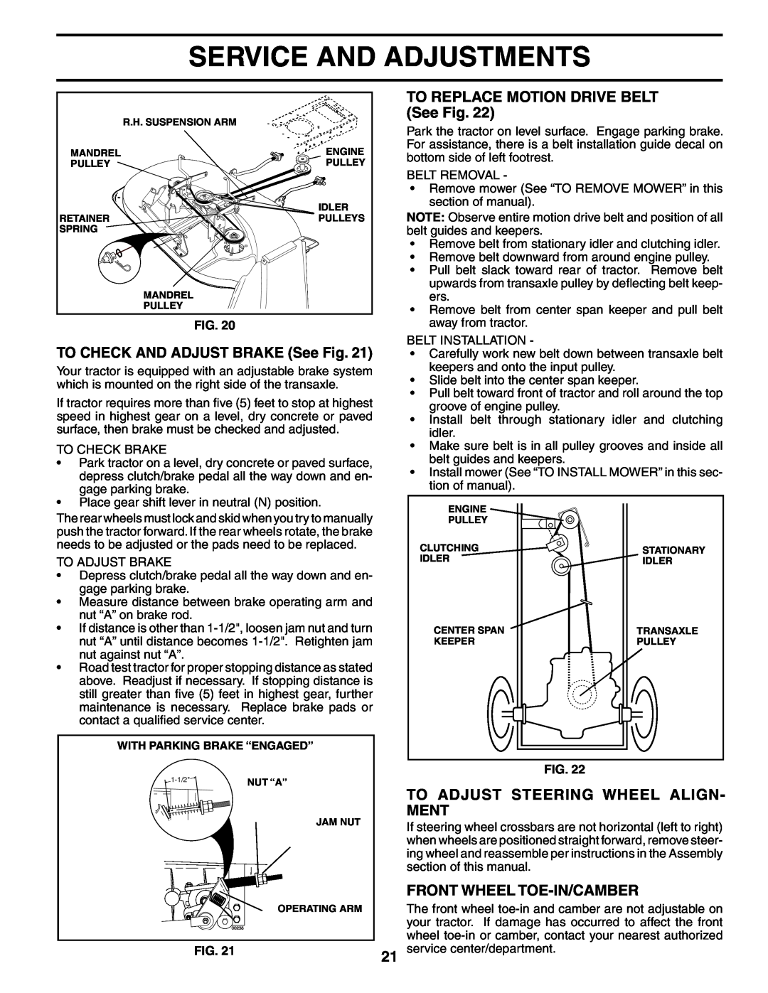 Weed Eater 187637 manual TO REPLACE MOTION DRIVE BELT See Fig, TO CHECK AND ADJUST BRAKE See Fig, Front Wheel Toe-In/Camber 