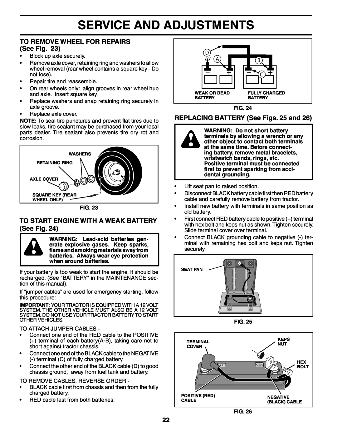 Weed Eater 187637 manual TO REMOVE WHEEL FOR REPAIRS See Fig, TO START ENGINE WITH A WEAK BATTERY See Fig 