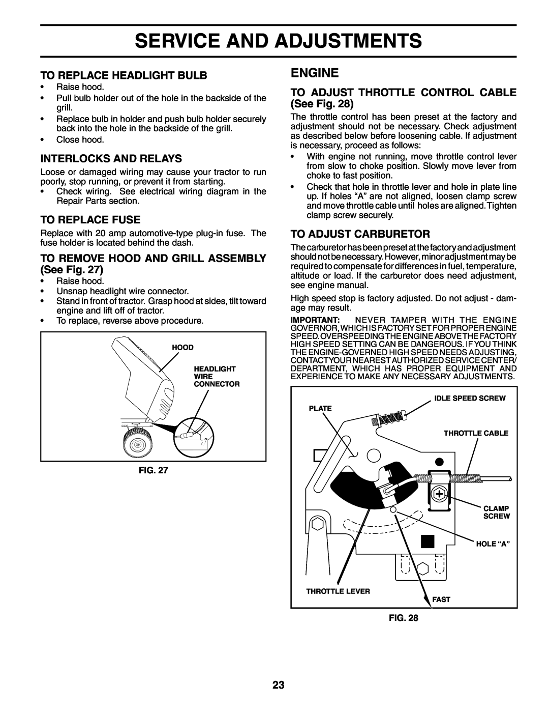 Weed Eater 187637 manual To Replace Headlight Bulb, Interlocks And Relays, To Replace Fuse, To Adjust Carburetor, Engine 