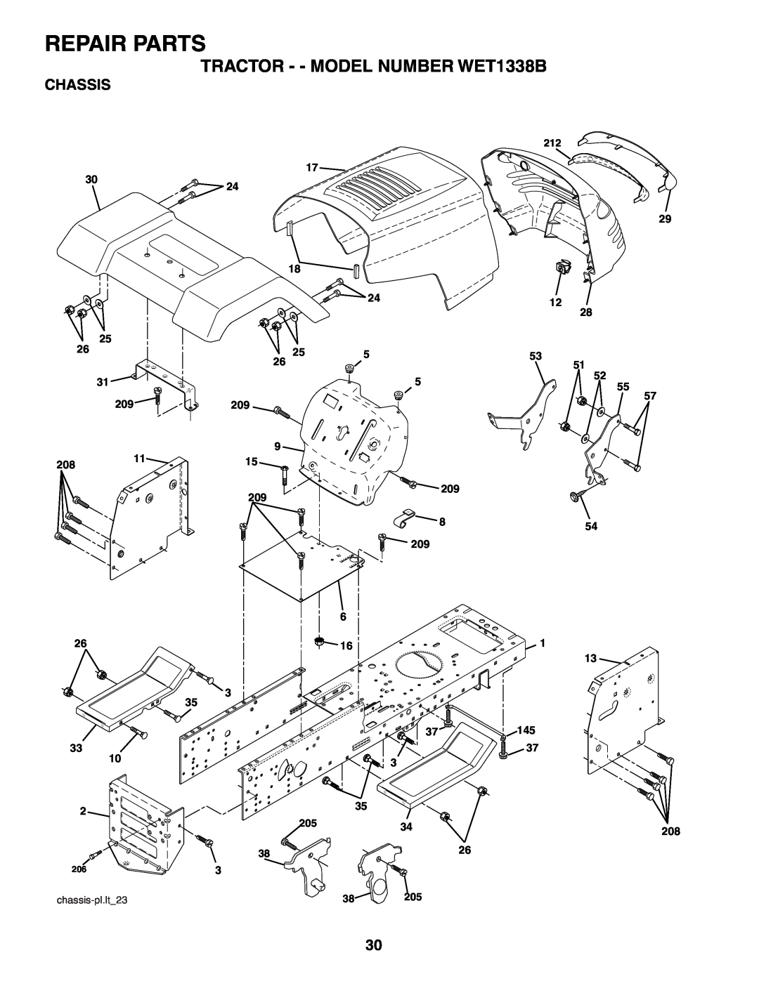 Weed Eater 187637 manual Chassis, Repair Parts, TRACTOR - - MODEL NUMBER WET1338B, 145, chassis-pl.lt23 