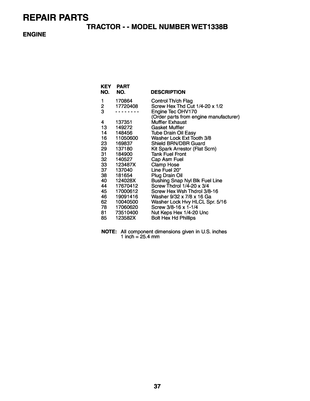 Weed Eater 187637 manual Repair Parts, TRACTOR - - MODEL NUMBER WET1338B, Engine, Description, 170864, Control Th/ch Flag 