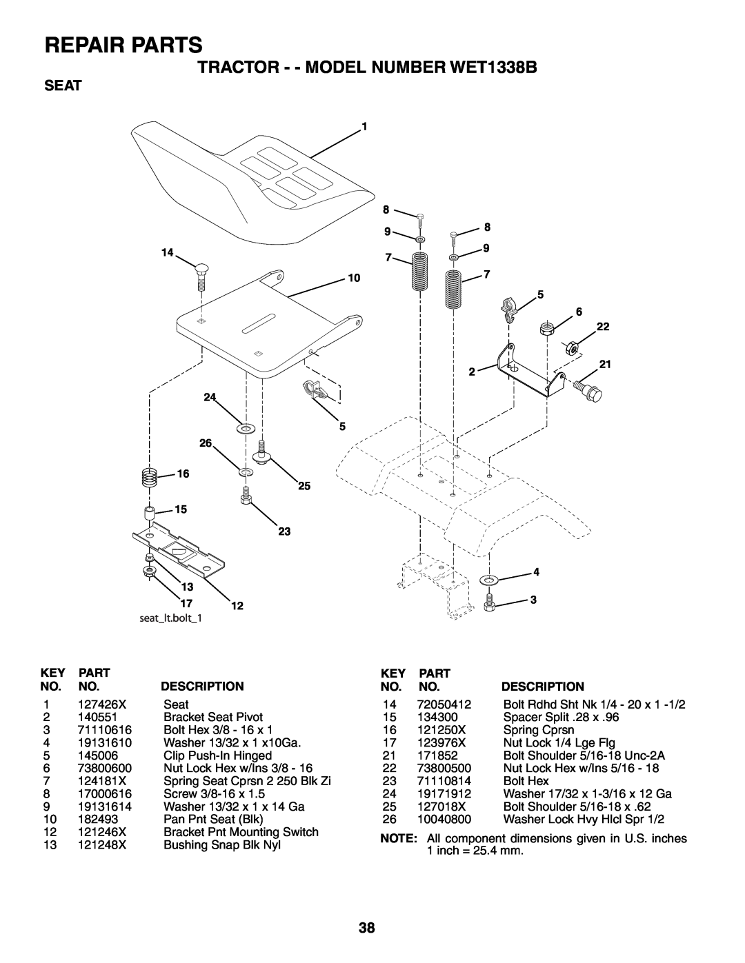 Weed Eater 187637 manual Seat, Repair Parts, TRACTOR - - MODEL NUMBER WET1338B, Description 