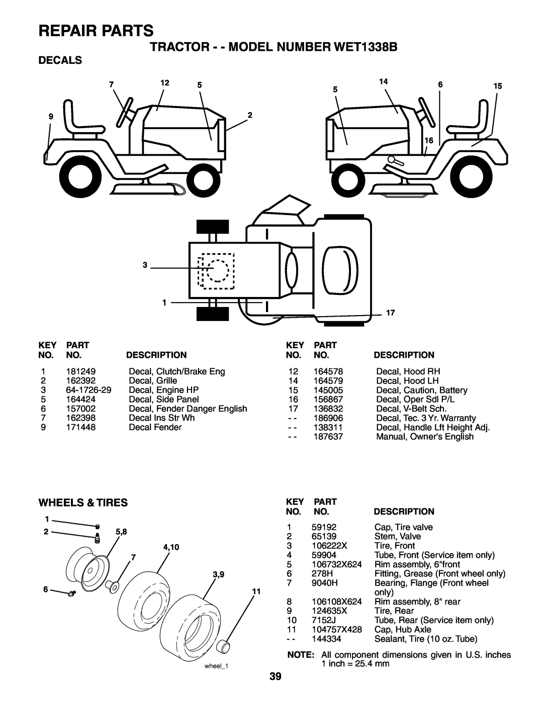 Weed Eater 187637 manual Decals, Wheels & Tires, Repair Parts, TRACTOR - - MODEL NUMBER WET1338B, Description 