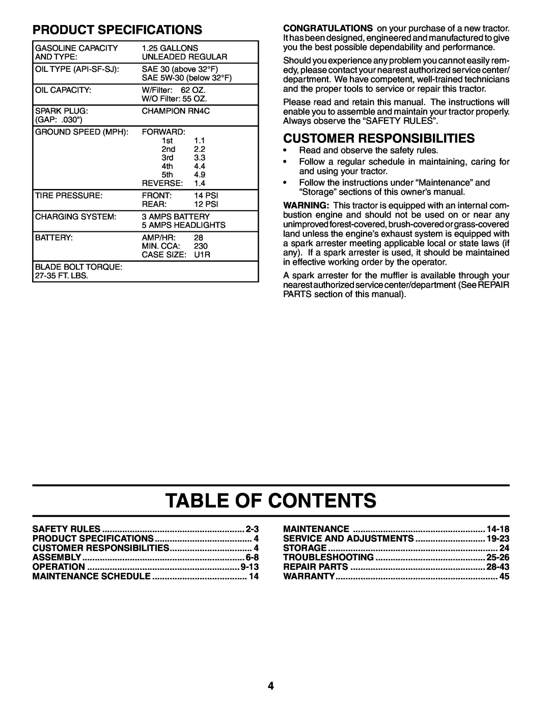 Weed Eater 187637 Table Of Contents, Product Specifications, Customer Responsibilities, 9-13, 14-18, 19-23, 25-26, 28-43 