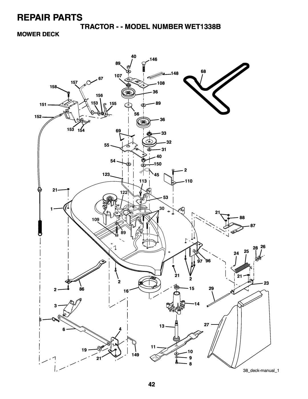 Weed Eater 187637 Mower Deck, Repair Parts, TRACTOR - - MODEL NUMBER WET1338B, 38deck-manual1 